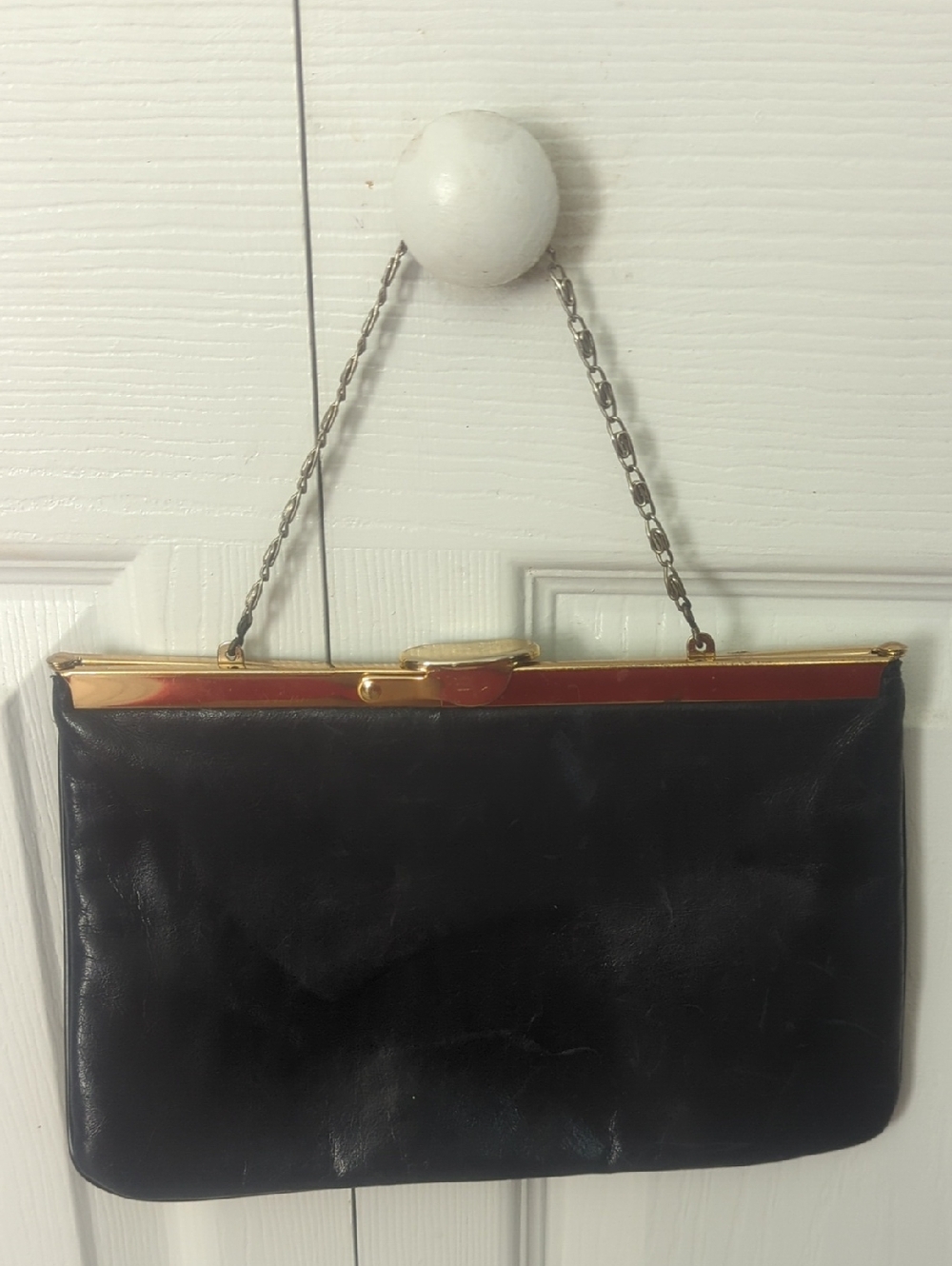 Vintage Navy 40-60s Leather Frame-Top Evening Bag with Chain